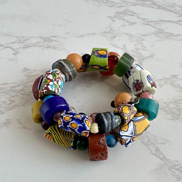 Venetian Millefiori Beads, African Trade Beads, Gemstone Memory Wire Bracelet - Picture 8 of 12